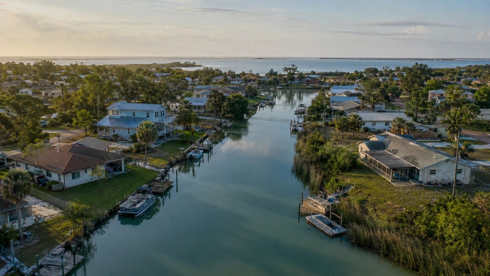 Aerial view of a waterside residential community along the Panama City Beach corridor