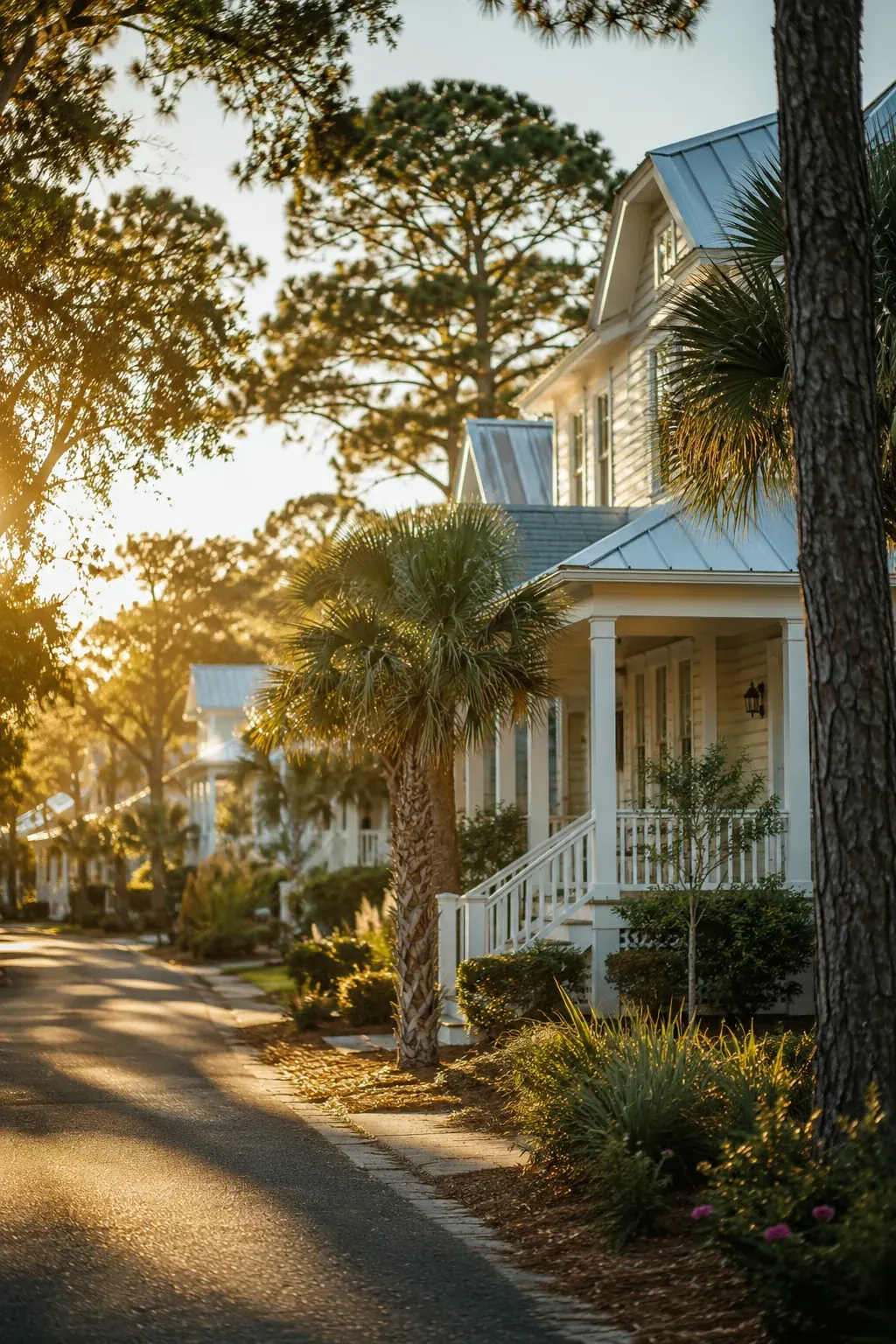 A tree-lined residential street in a Panama City Beach–area community at sunset