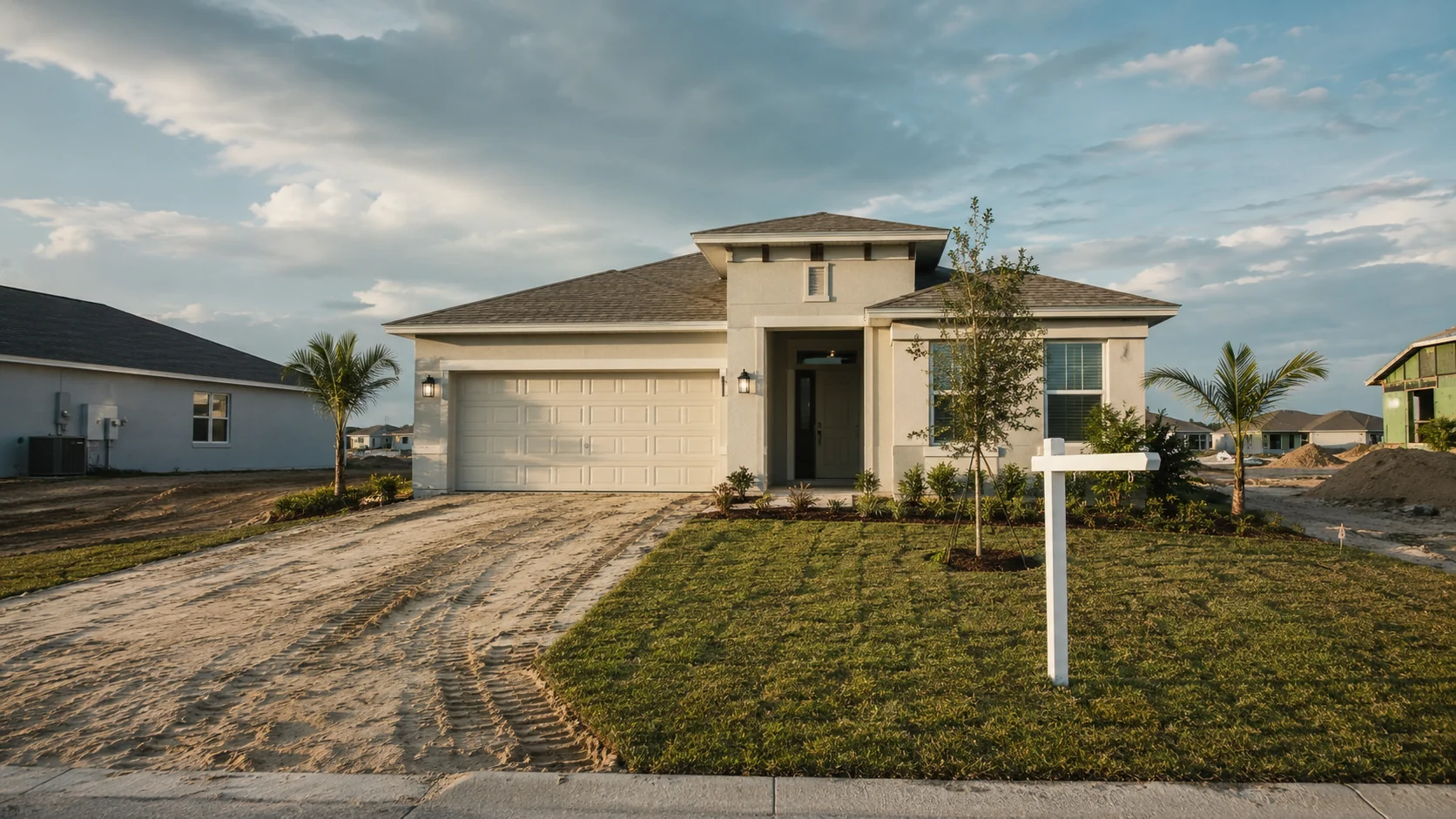 A newly built single-family home in an active new-construction community